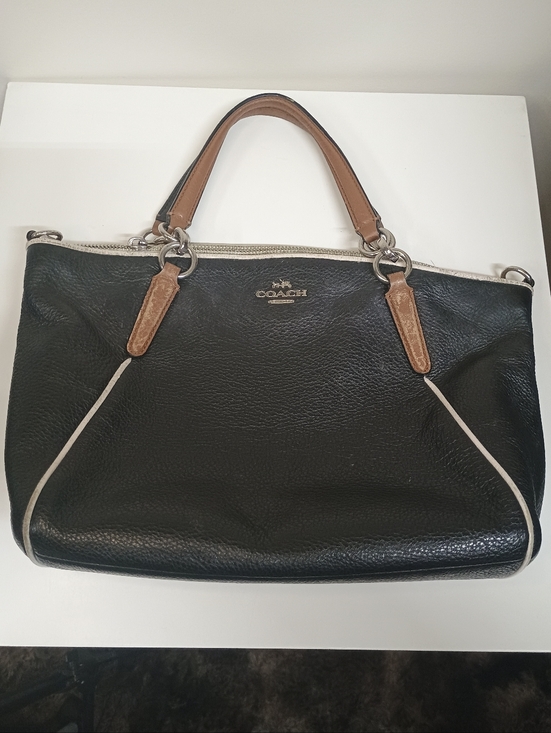 Coach Handbags - Coach Black Leather Tote with Tan Handles and Cream Trim For Repair